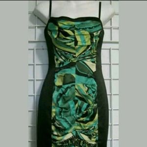 BEBE Black Wiggle Dress Green Abstract s